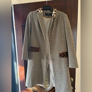 Anthropologie and Helene Berman Checkered Trench Coat with Leopard Details